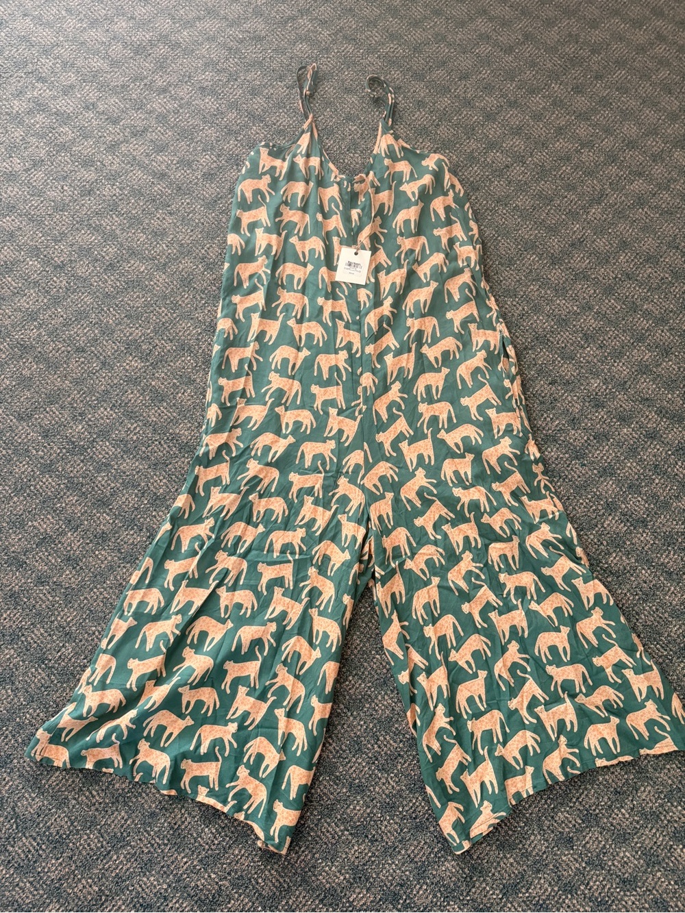 World Market Green pajamas Jumpsuit with Tan Animal Print size S/M